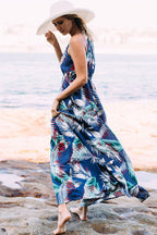 Tropical Palm Leaf Print Halter Neck Sleeveless Maxi Dress