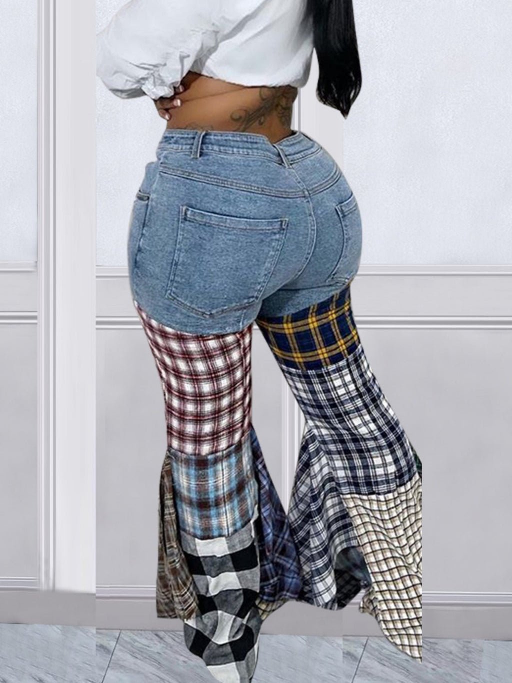 Houndstooth Pattern Flared Pants Ruffle Jeans