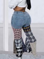 Houndstooth Pattern Flared Pants Ruffle Jeans