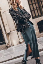 Knit Crew Neck Long Sleeve Relaxed Side Split Midi Dress