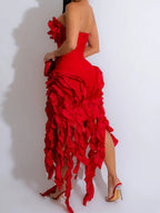 3D Flowers Valentine's Day Strapless Pleated Midi Dresses