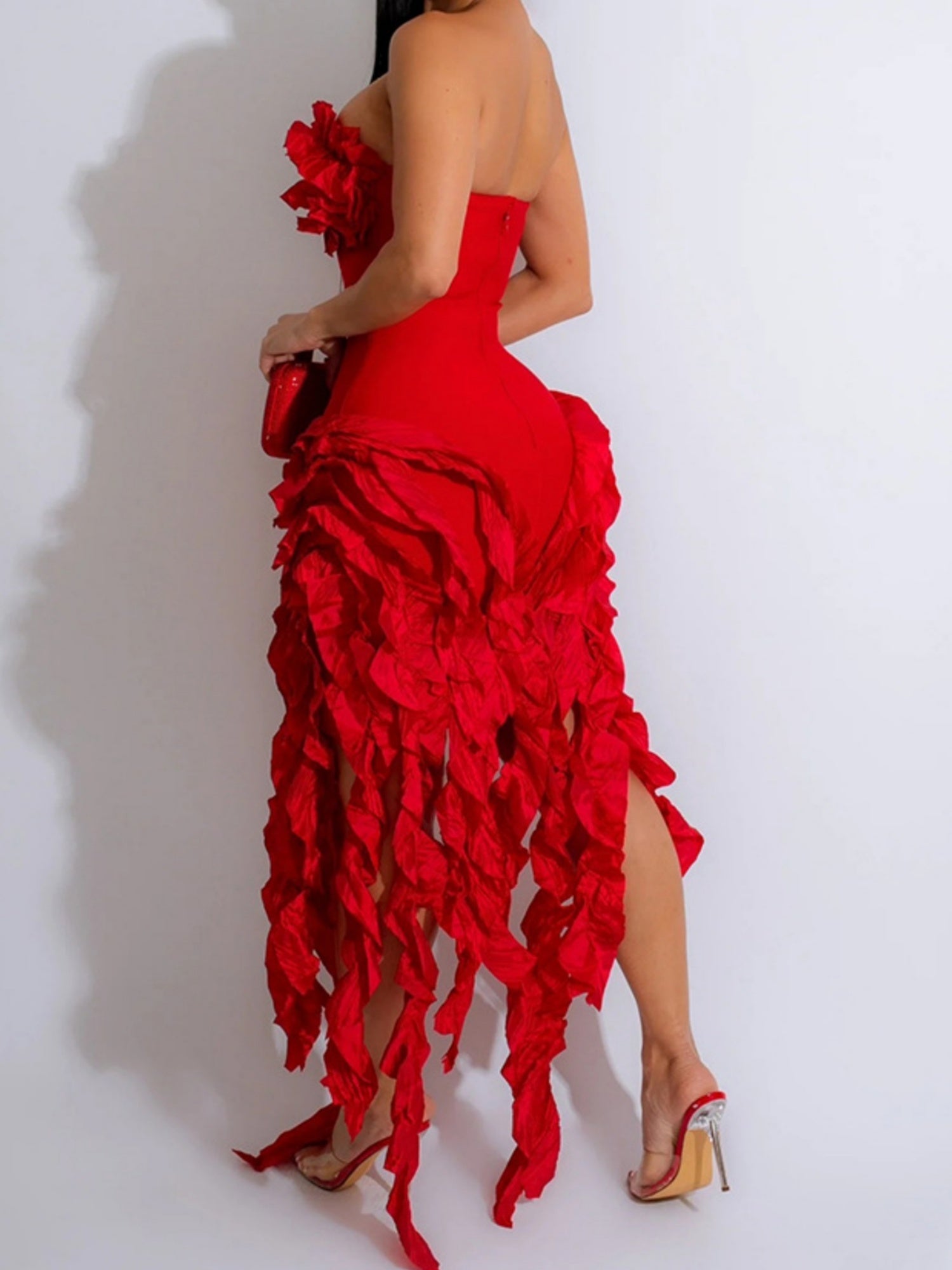 3D Flowers Valentine's Day Strapless Pleated Midi Dresses