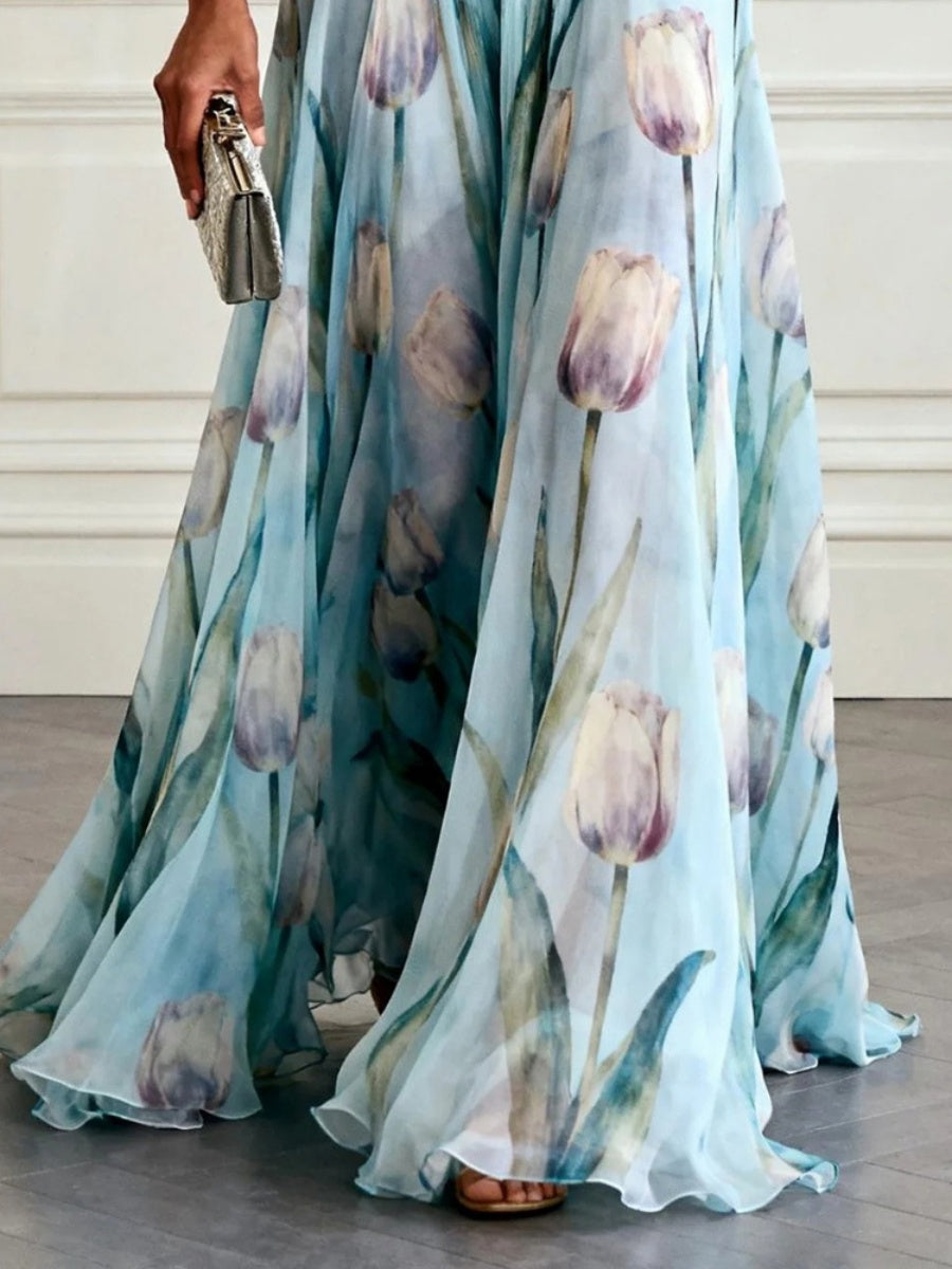 Floral Printed Parties V-neck Sleeveless Maxi Dresses