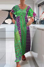 Round Neck Short Sleeves Printed Maxi Dress