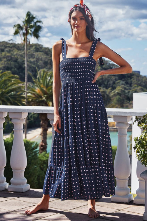 Floral Print Smocked Tie Shoulder Tiered Ruffle Maxi Dress