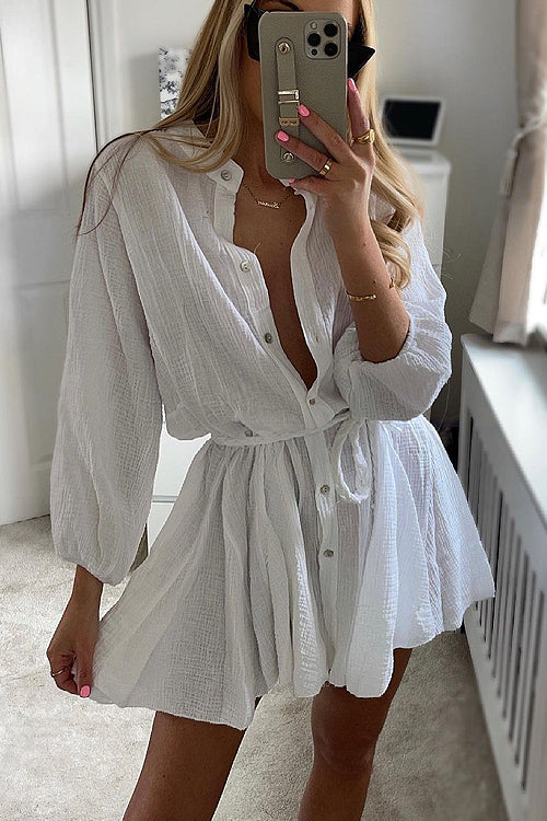 Crinkled Gauze Button Front Tie Waist Long Sleeve Mini Shirt Dress