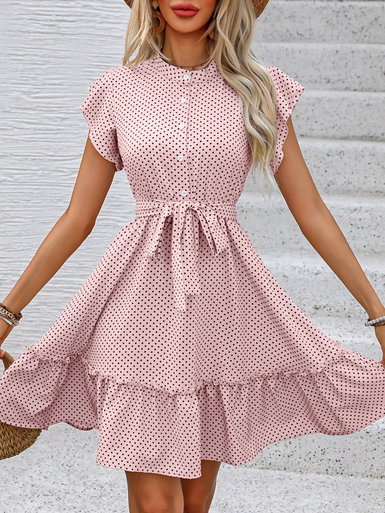 Polka Dots Lotus Leaf Sleeves A-line Skirt Lace Up Mini&Short Dresses