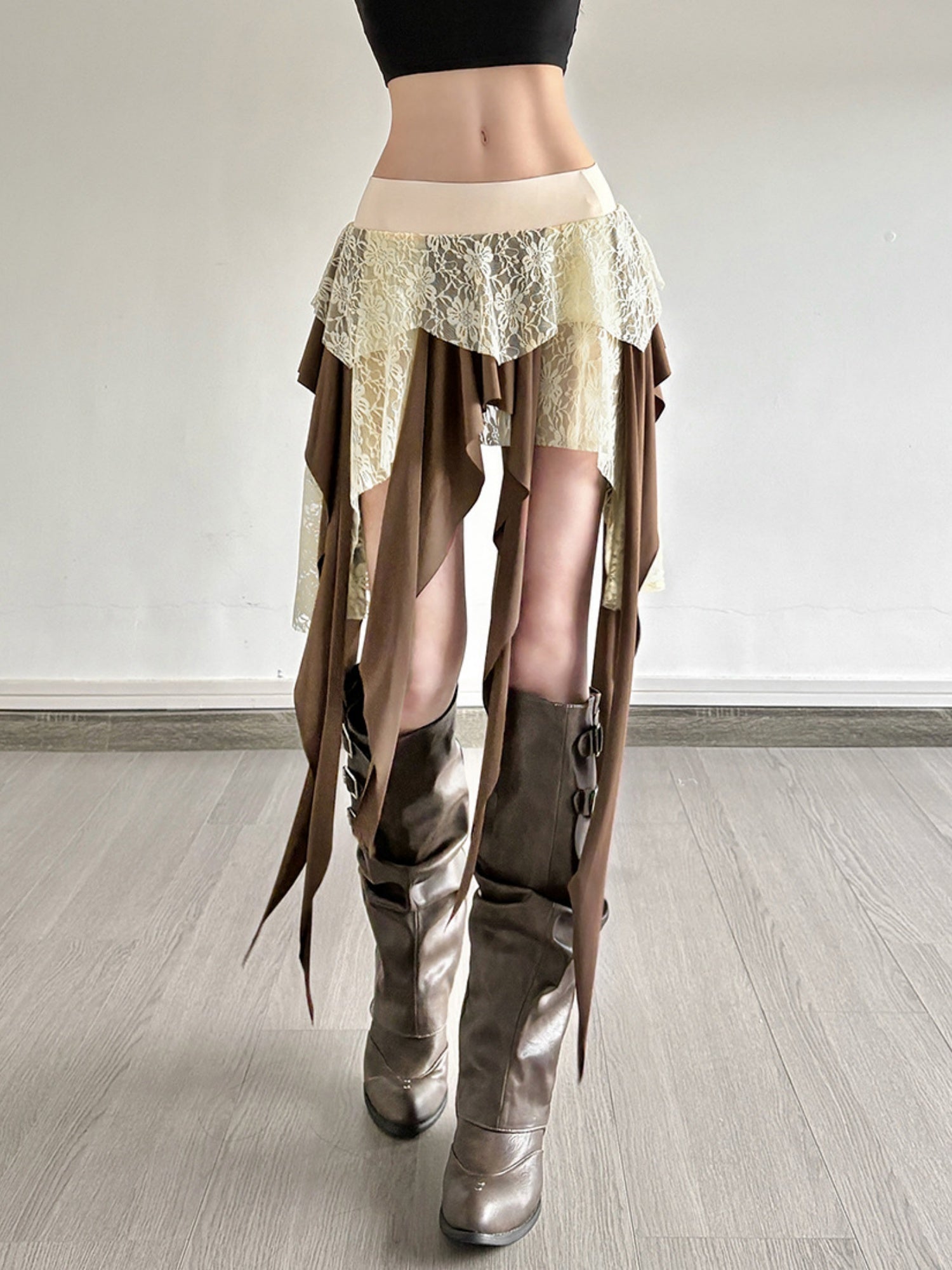 Lace Patchwork Irregular Tassels Color-blocked Short Skirt