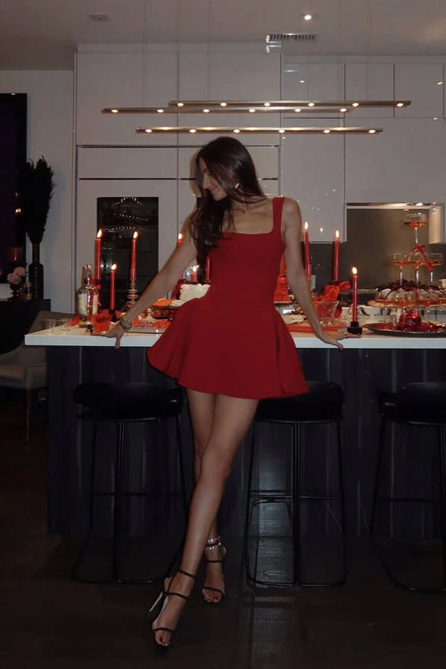 Square Neck Wide Strap Princess Seam Fit and Flare Skater Mini Dress
