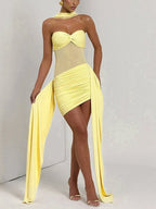 Mesh-paneled, Elegant Ribbon-trimmed Solid Color Strapless Short Dress
