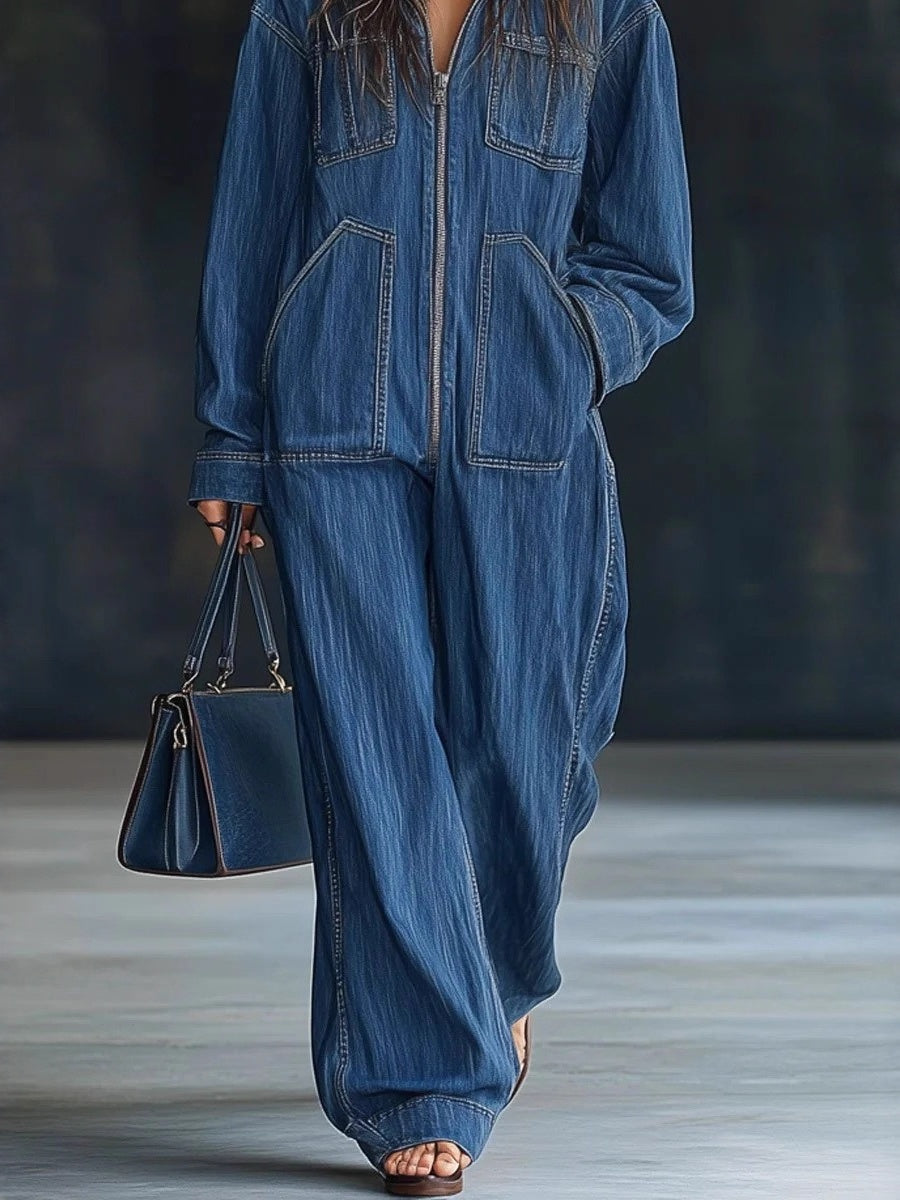 Style Zip-up Hooded Denim Jumpsuit With Large Pockets