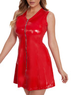 PVC Glossy Leather Umbrella Skirt V-neck Zipper Mini&Short Dresses
