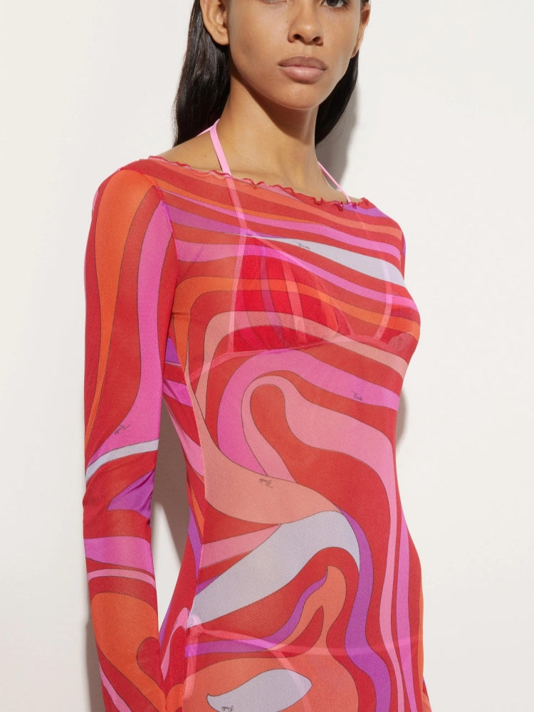 Lettuce Edge Boat Neck Long Sleeve Abstract Swirl Print Mesh Maxi Dress