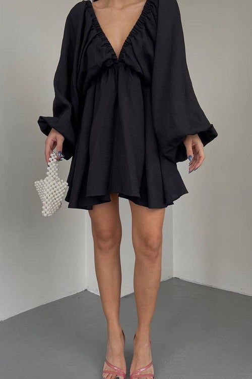 Crinkle Texture Deep V-Neck Puff Sleeve Babydoll Mini Dress