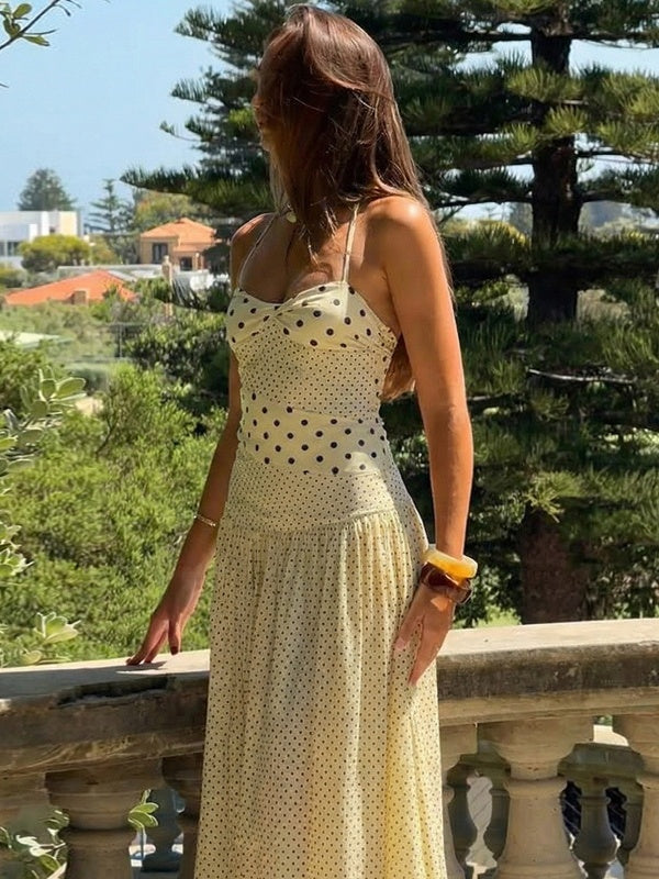 Polka Dot Retro Pleated Long Dress With A Halter Neck