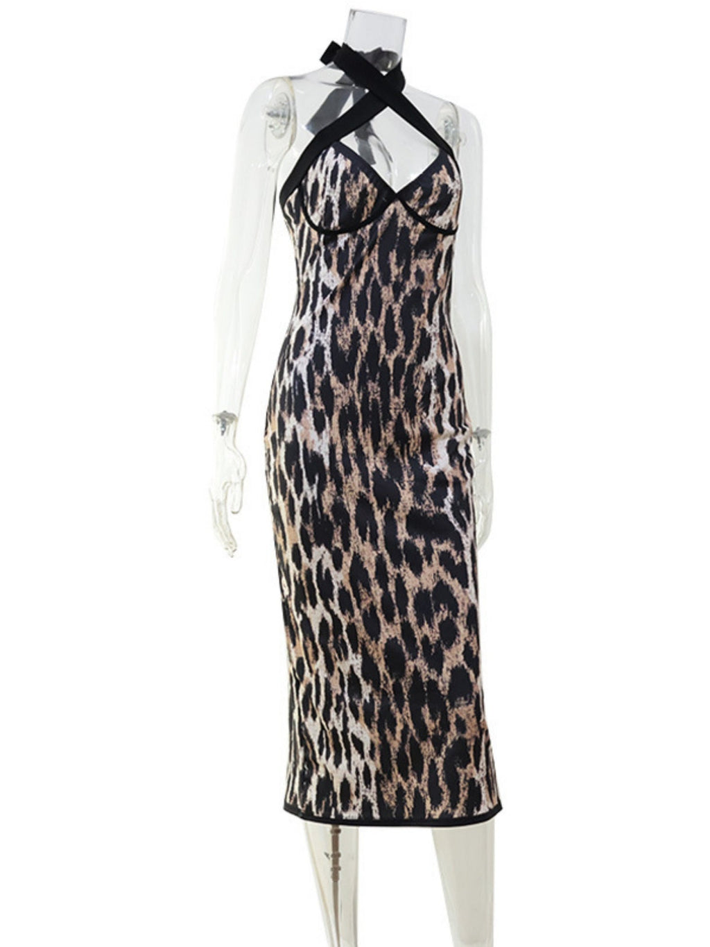Leopard Print Cross-neck Backless And Figure-hugging Maxi Dresses