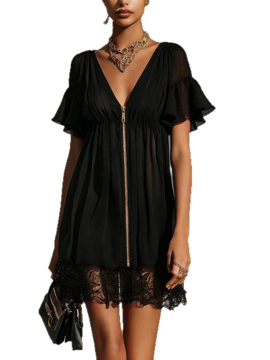 V-neck Zipper Cardigan Lace Splicing Mini&Short Dresses