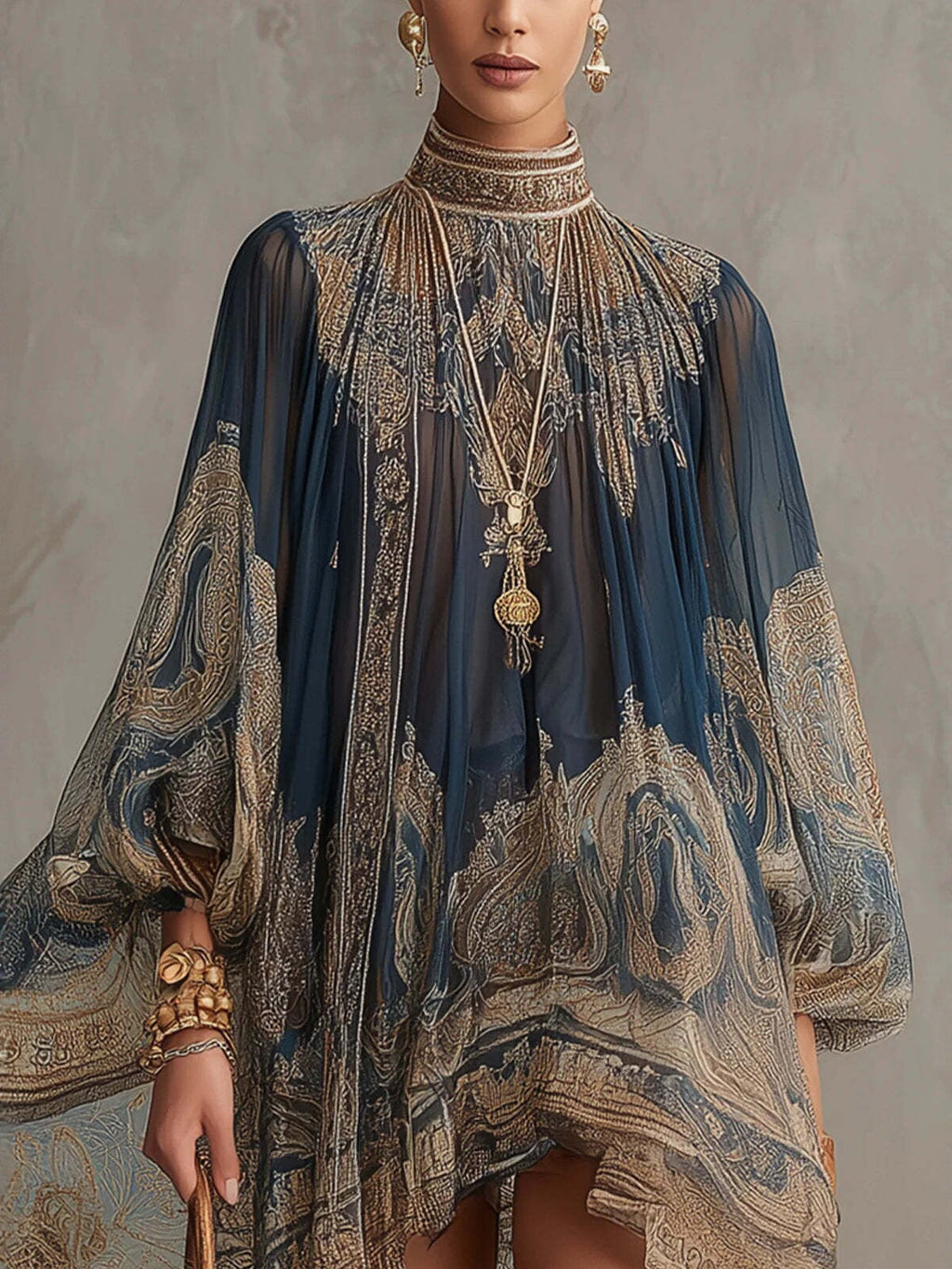 High-neck Printed Chiffon Loose-fitting Resort-style Shawl Long-sleeved Short Dress