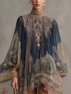 High-neck Printed Chiffon Loose-fitting Resort-style Shawl Long-sleeved Short Dress