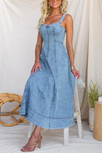 Sleeveless Zipper Up Front Denim Swing Midi Dress