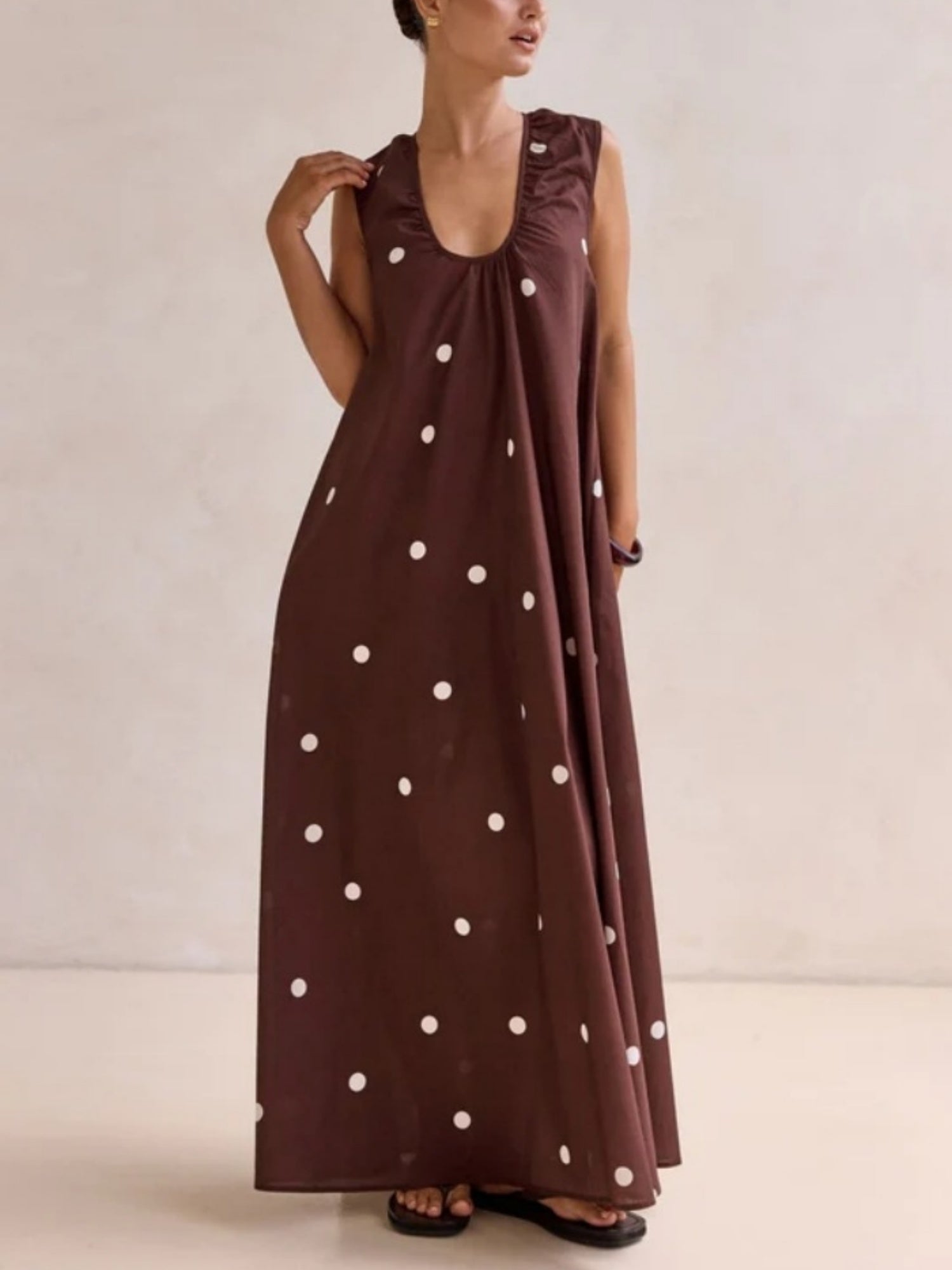 Polka Dots U-neck Sleeveless Large Skirt Maxi Dresses