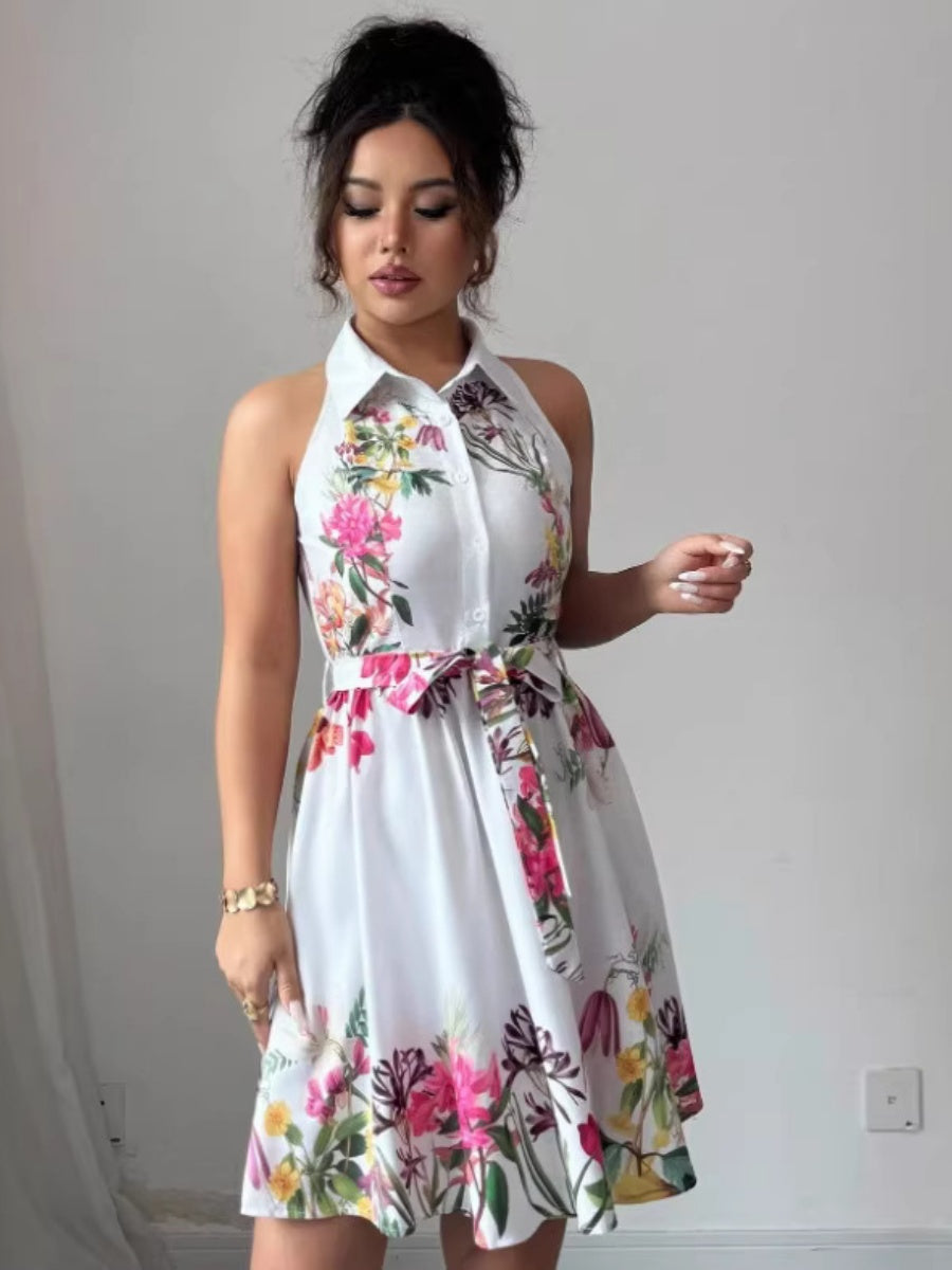 Sleeveless Halter Neck Floral Print Tie-up Short Dress
