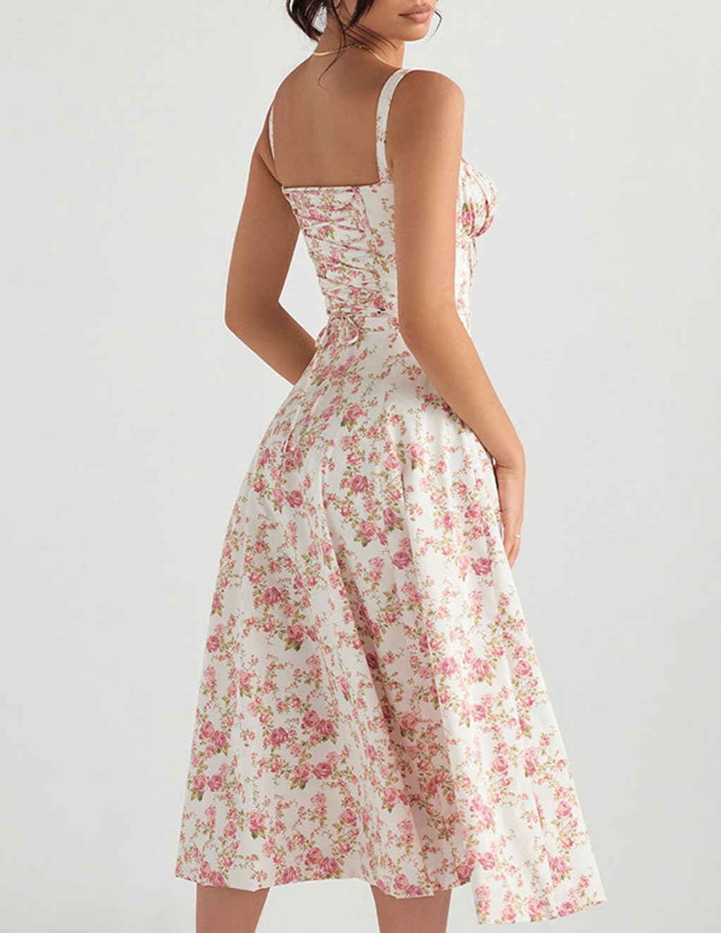 Ditsy Floral Print Sweetheart Corset Front Slit Midi Dress