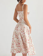 Ditsy Floral Print Sweetheart Corset Front Slit Midi Dress