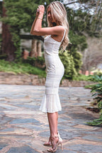 Square Neck Lace Crochet Mermaid Ruffle Hem Midi Dress