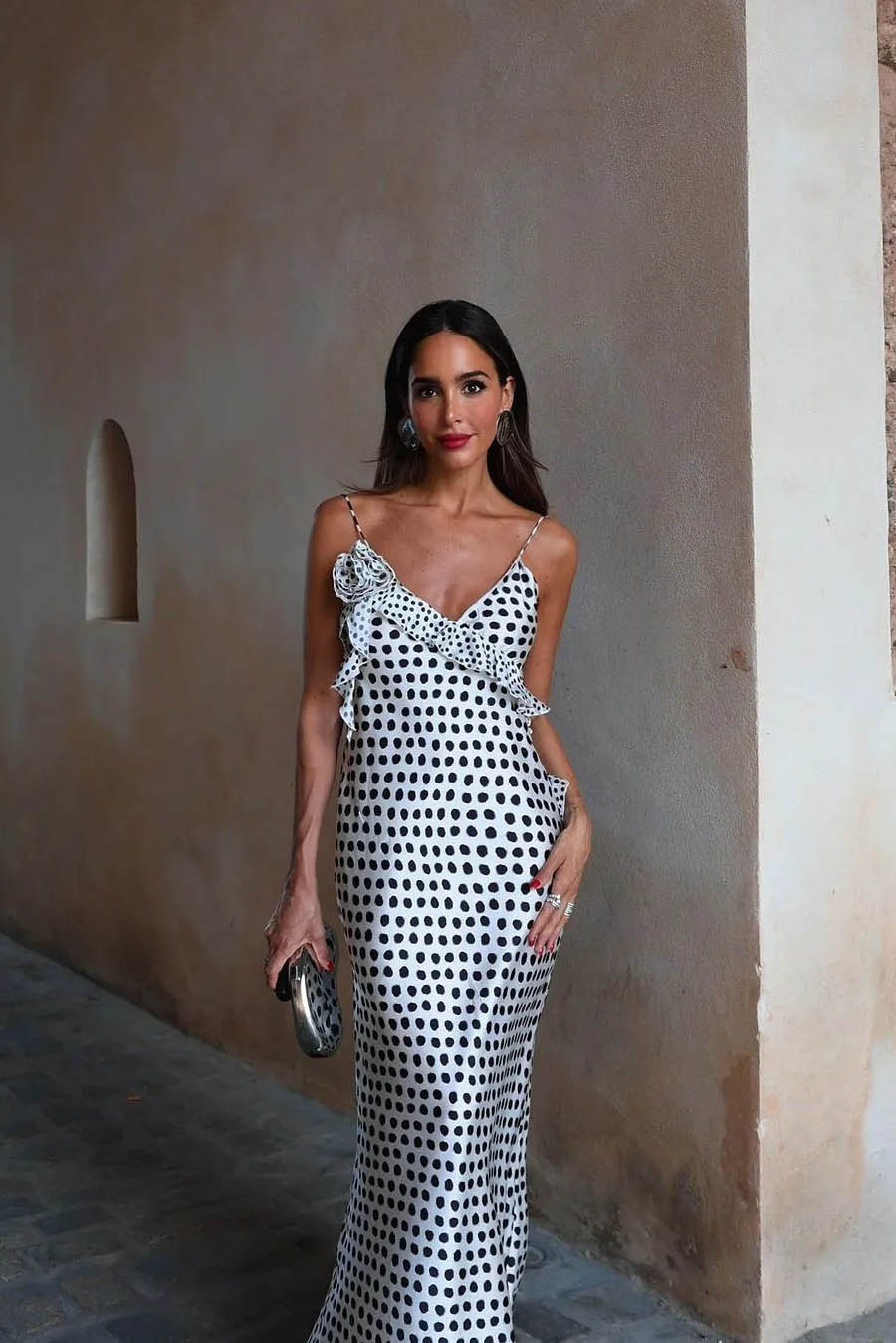 Julia Minimalist Imaginative, Dotted, Ruffled Guipure Lace Strap Maxi Dress Chic Silhouette Collection