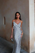 Julia Minimalist Imaginative, Dotted, Ruffled Guipure Lace Strap Maxi Dress Chic Silhouette Collection