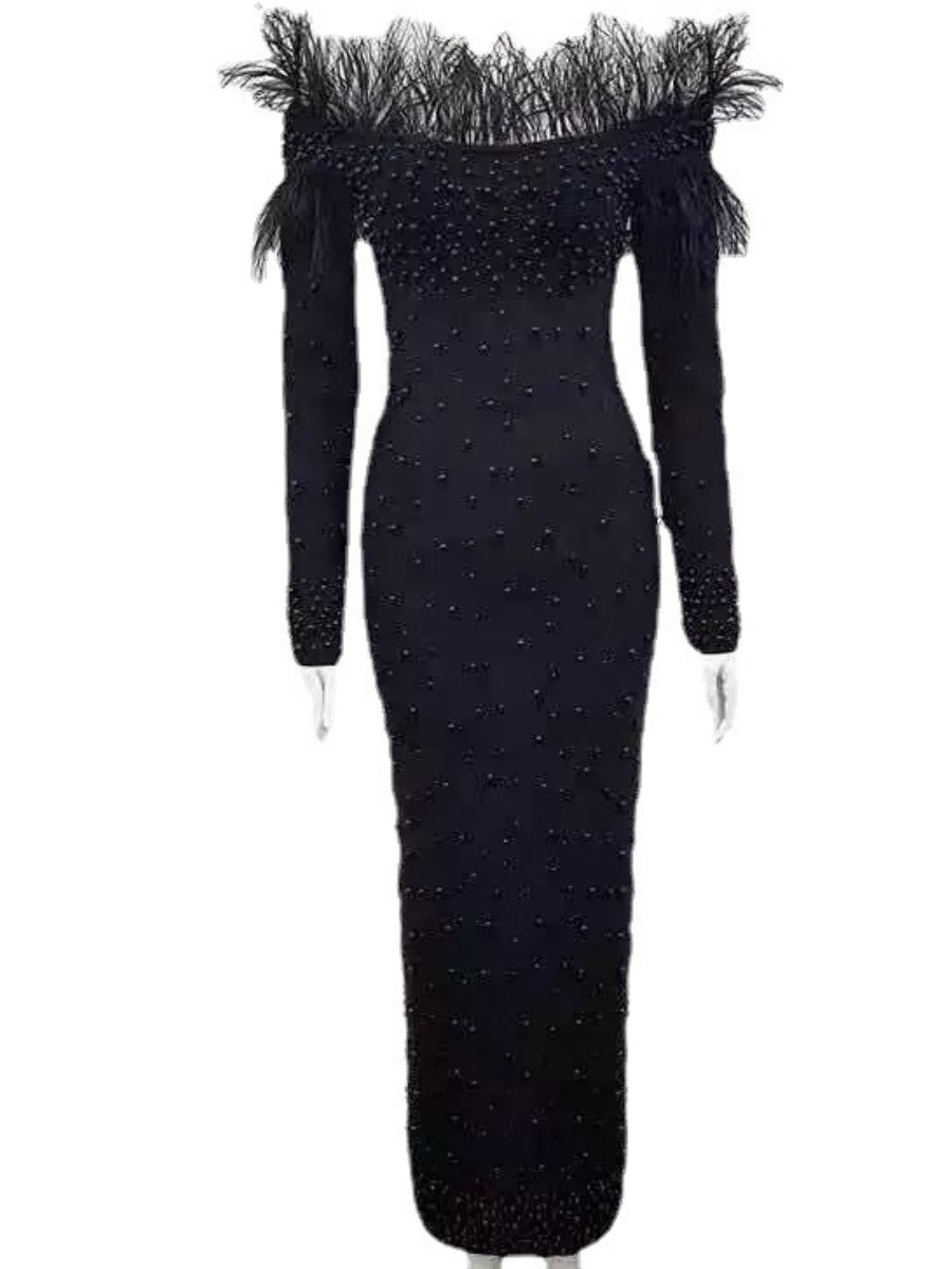 Feather Pearl Off Shoulder Hip-hugging Maxi Dresses