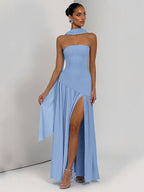 Strapless, Fitted, Solid Color, Open Back, Elegant Long Dress With Ribbons