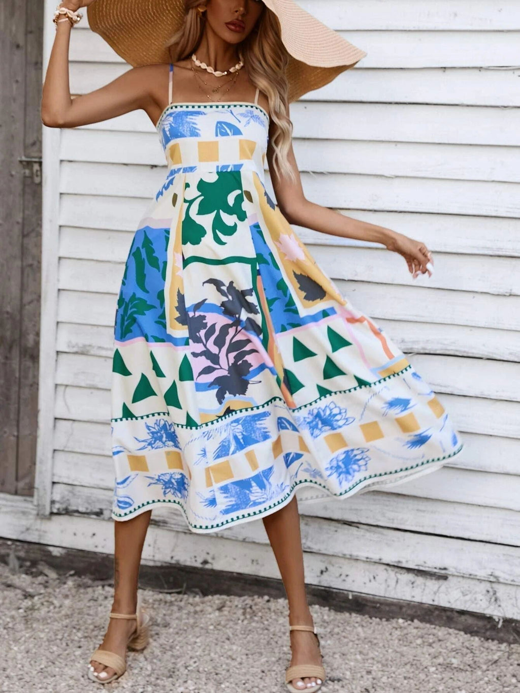 Square Neck Spaghetti Strap Abstract Tropical Print Midi Dress