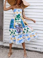 Square Neck Spaghetti Strap Abstract Tropical Print Midi Dress