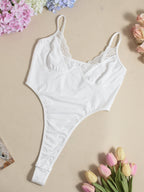 Lace Trim High Elasticity In Crotch Hollow-out High Waist Bodysuits