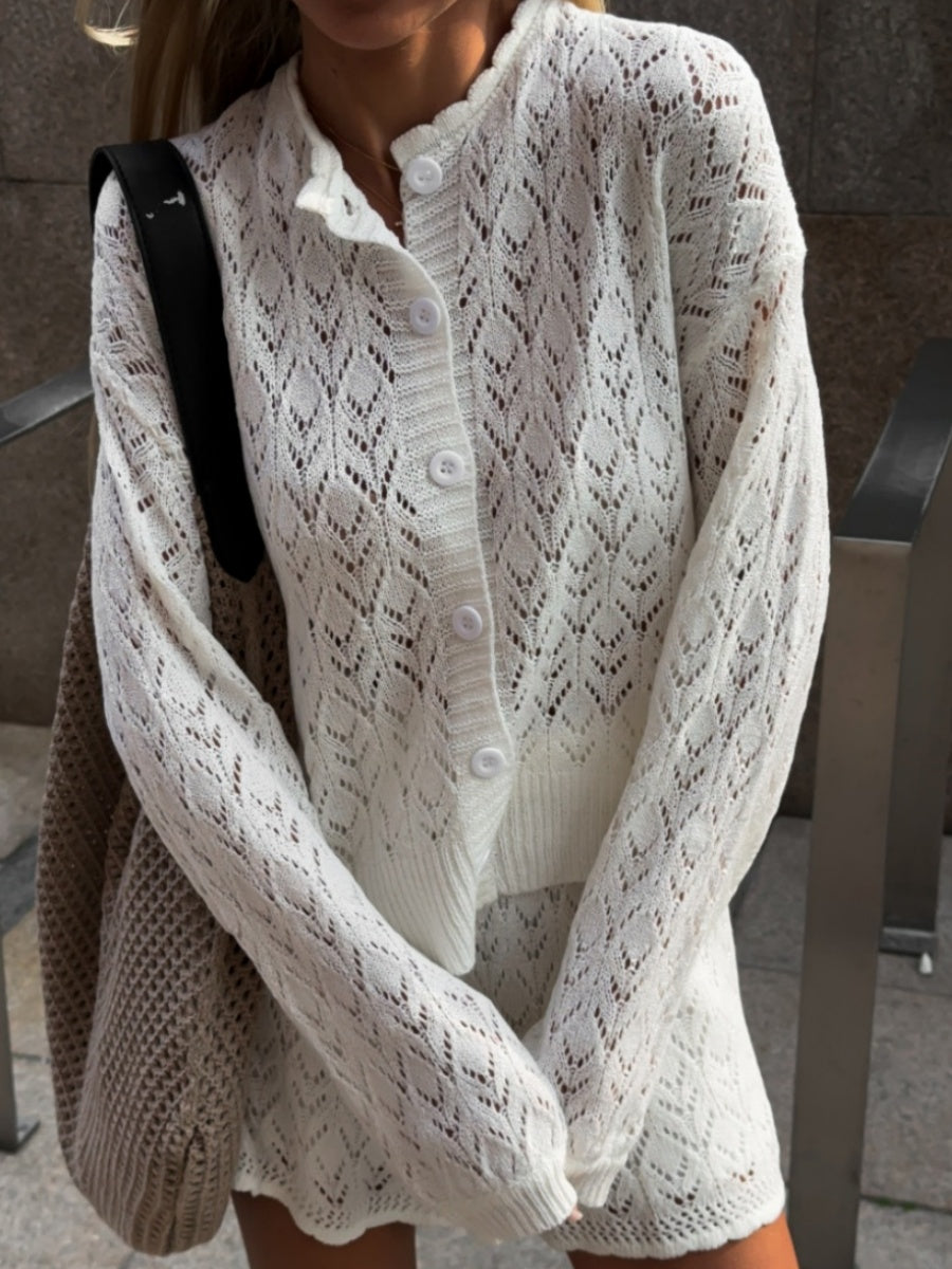 Jacquard Knitting Hollow Cardigan Top Shorts Set 2-piece Sets