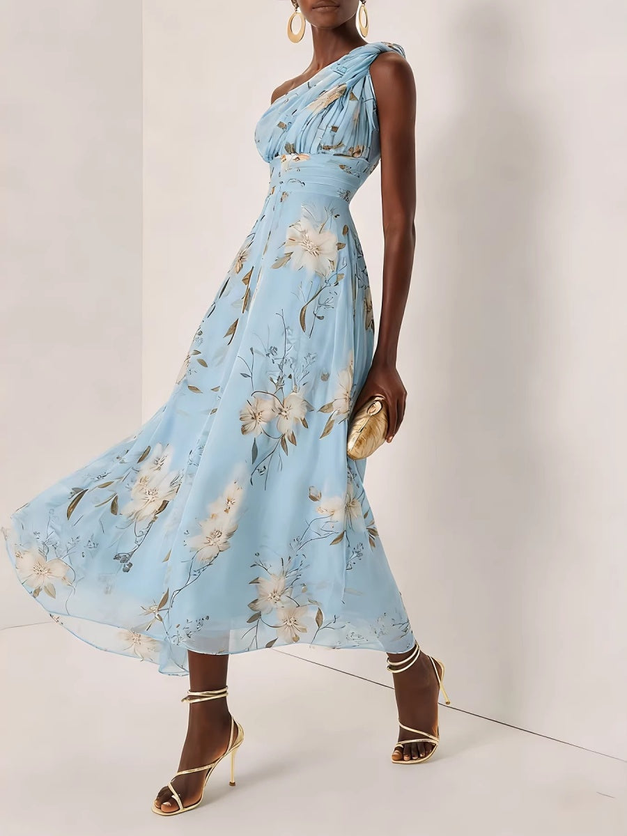 One Shoulder Grace Floral Print Chiffon Vacation Reunion Maxi Dresses