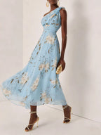 One Shoulder Grace Floral Print Chiffon Vacation Reunion Maxi Dresses