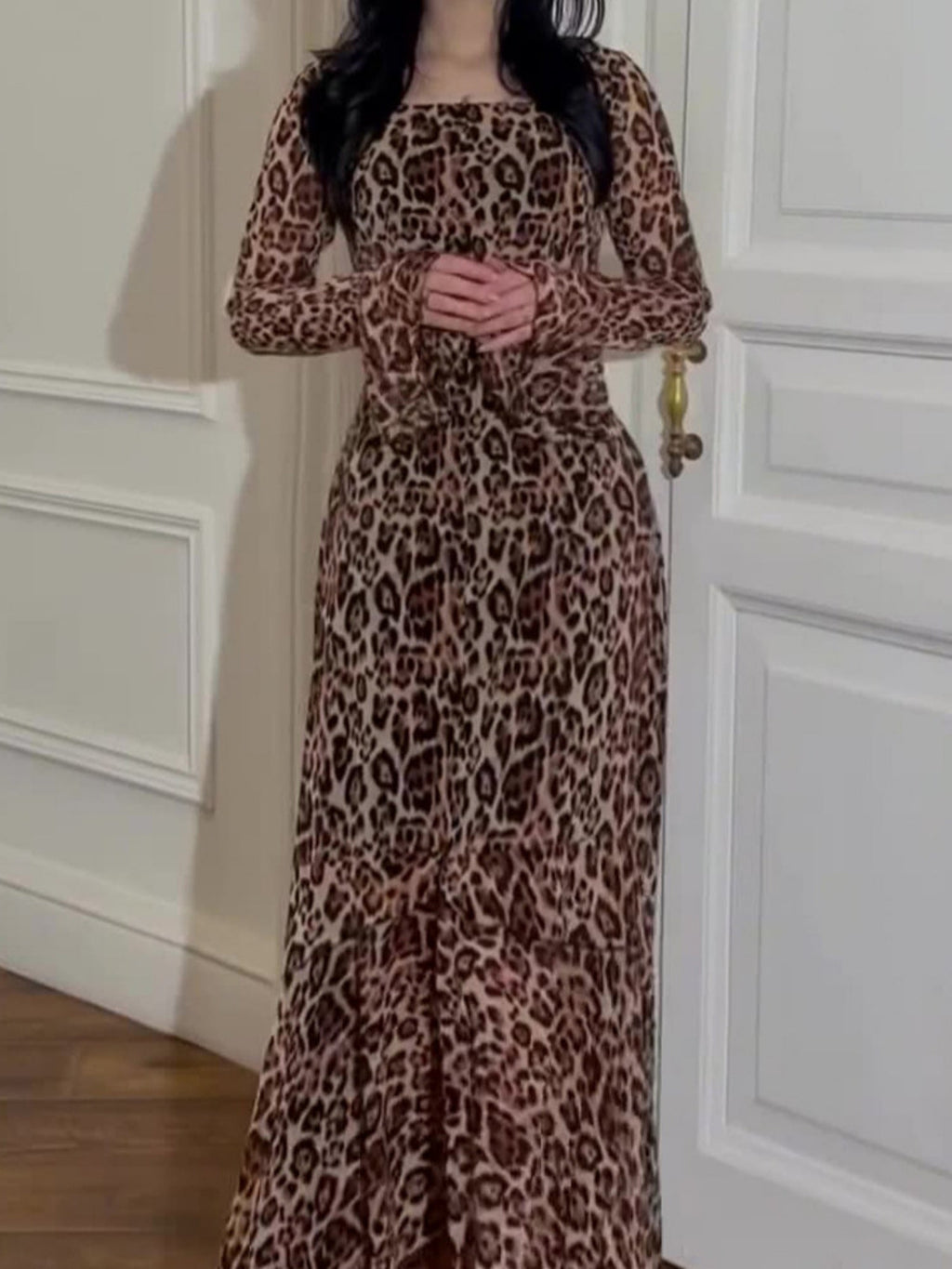 Leopard Print Chiffon Lotus Leaf Sleeves Splicing Maxi Dresses