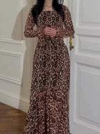 Leopard Print Chiffon Lotus Leaf Sleeves Splicing Maxi Dresses