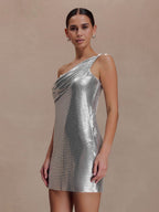 Gathering Glossy Asymmetrical Neckline, One Shoulder Sleeveless Mini&Short Dresses