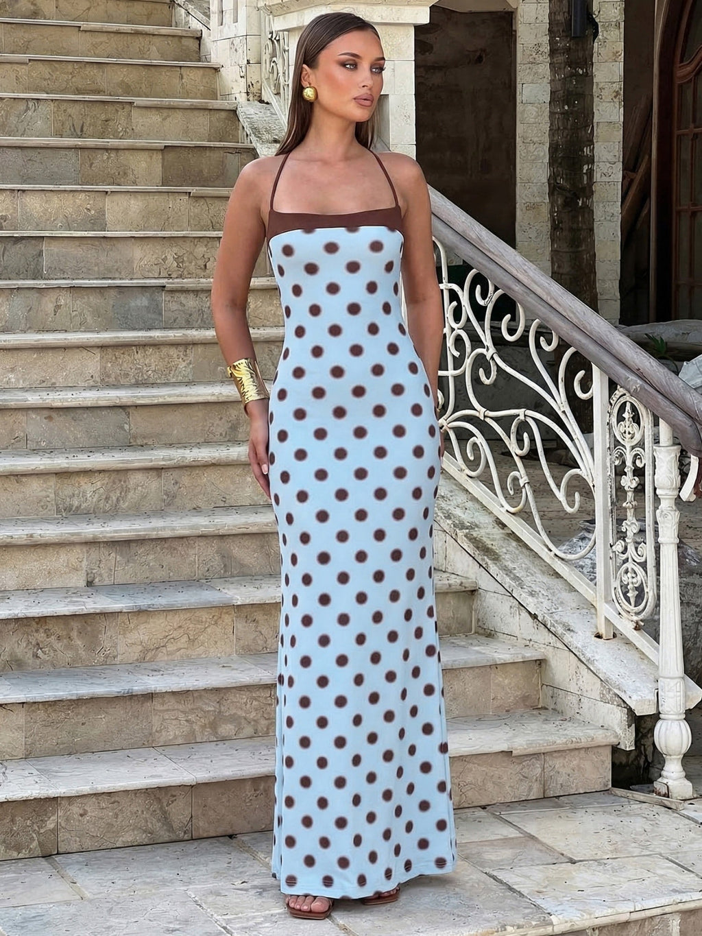 Polka Dots Color-blocked Halter Neck And Backless Maxi Dresses