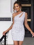 One Shoulder Sequins Chain Waist Shaping One-shoulder Sleeveless Mini&Short Dresses