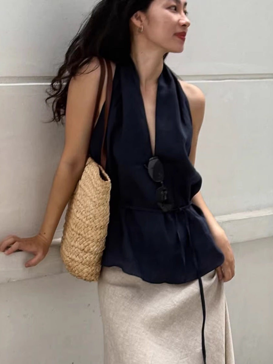 Cotton Blend Halter Navy Blue Lace Up Comfort Temperament Commuting Tank Tops
