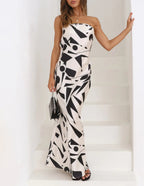 Abstract Geometric Print Strapless Satin Maxi Dress