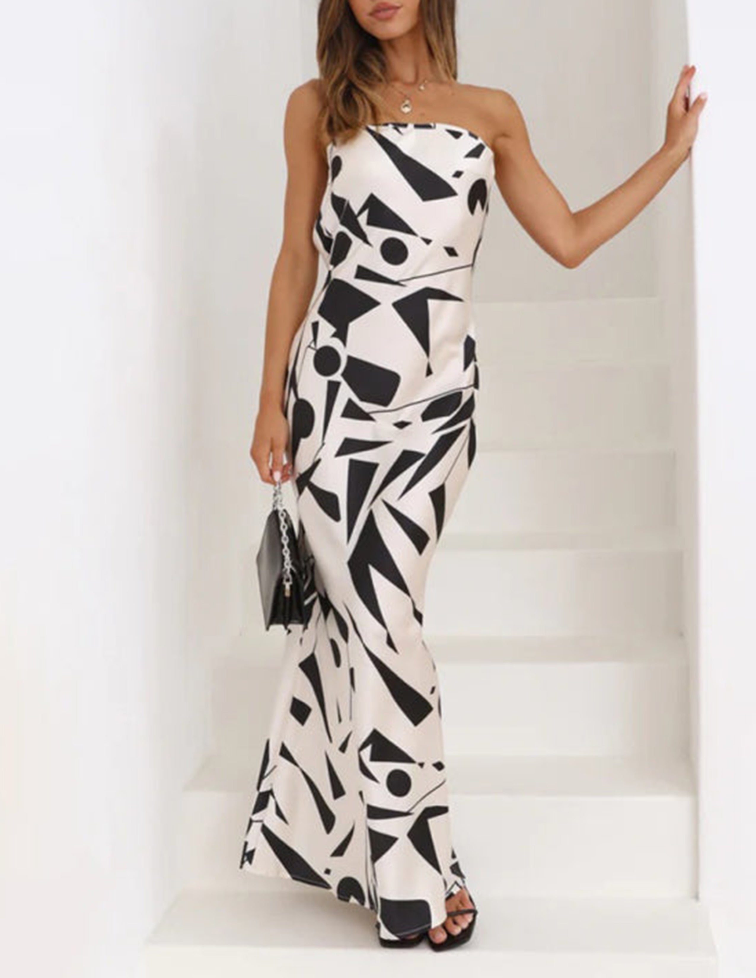 Abstract Geometric Print Strapless Satin Maxi Dress