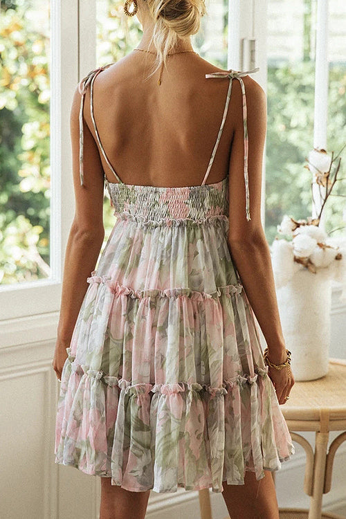Floral Print Tie Shoulder Square Neck Tiered Ruffle Mini Dress
