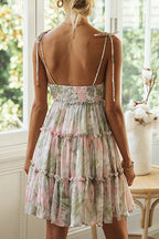 Floral Print Tie Shoulder Square Neck Tiered Ruffle Mini Dress