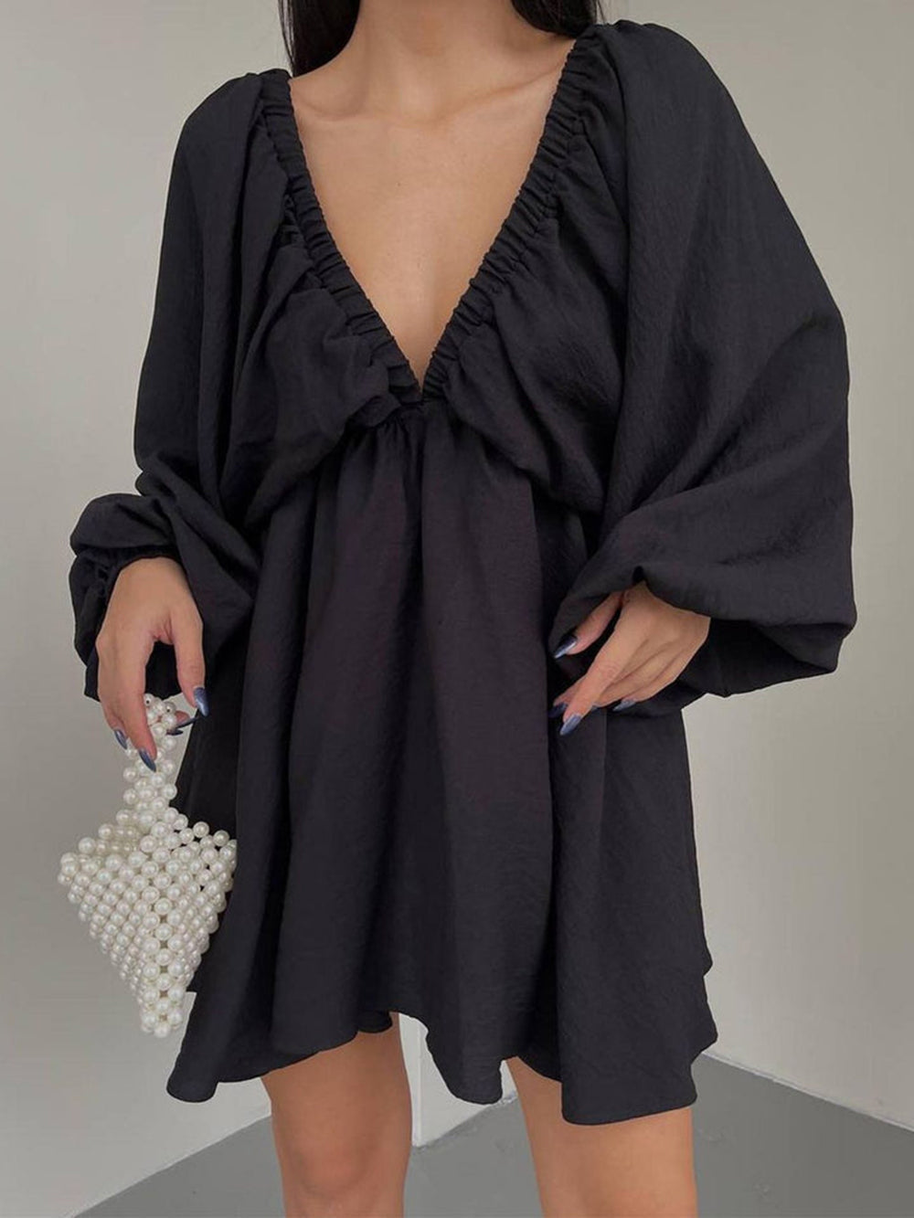 Deep V Neck Lantern Sleeve Pleated Waist Belted Mini Dress
